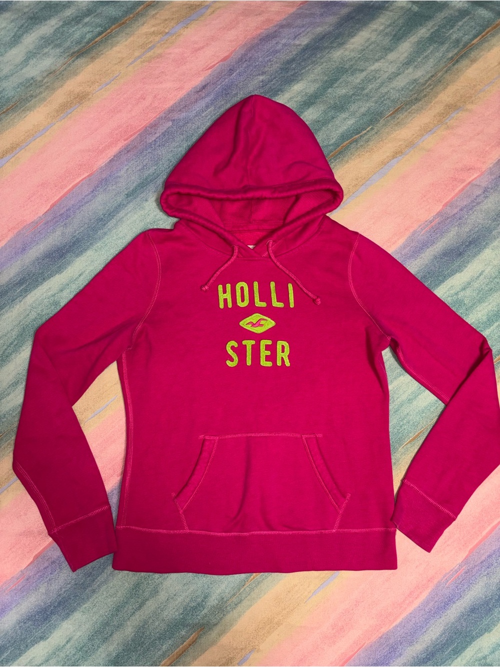 Vintage Y2K Hollister Womens Size L Pullover Hoodie Bright Pink Embroidered